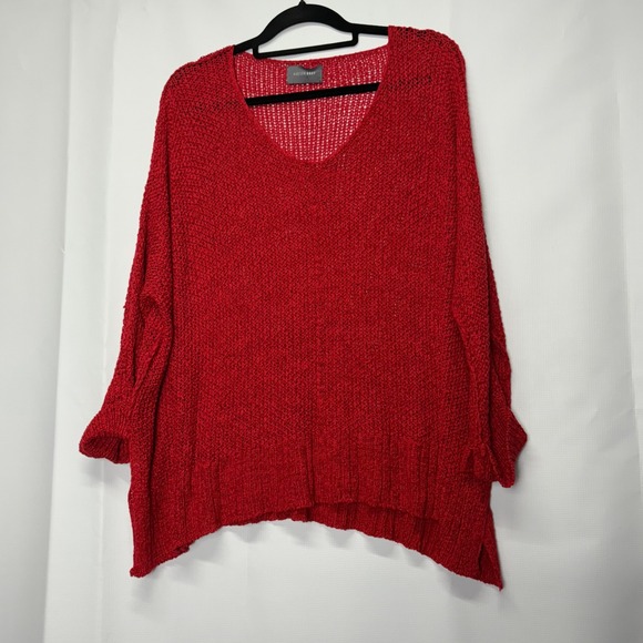Red Knit Sweater Oversized V Neck Long Sleeve Pullover Comfy Casual Top - Picture 1 of 4